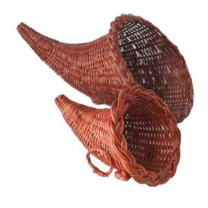 2 Vintage Wicker Cornucopia Baskets Large & Small Horn of Plenty